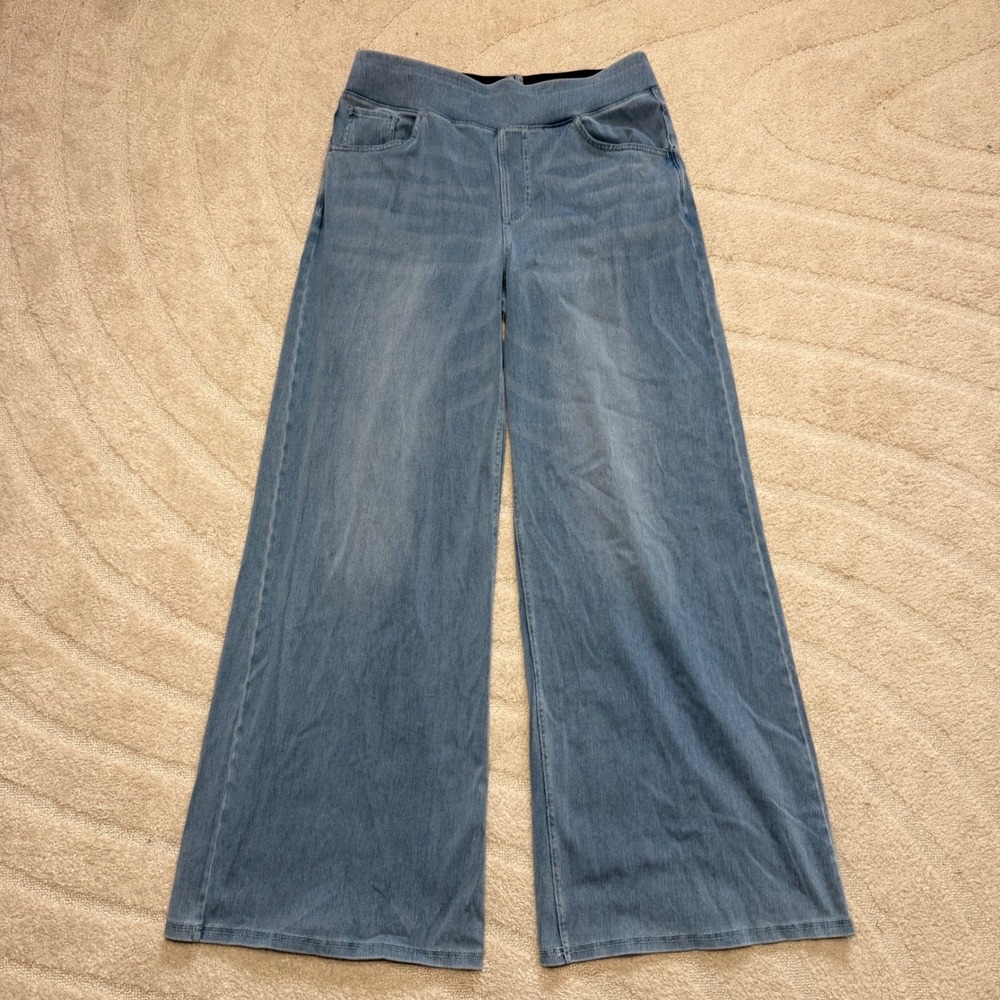Halara Wide Leg Denim Pants L Tall Light Wash Blue Stretch Pull On